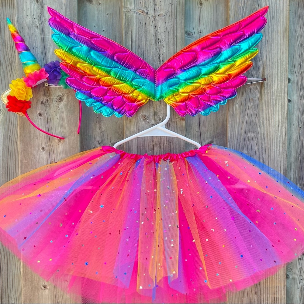 NEW 3PCS SET LED Unicorn Rainbow Sparkle 4 Layer LED Tutu Hairband Wings